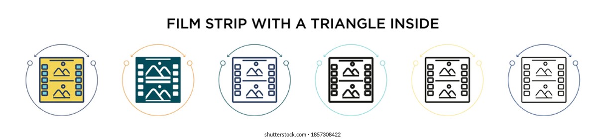 Tira de película con un icono de triángulo dentro de línea rellena, delgada, contorno y estilo de trazo. Se puede utilizar la ilustración vectorial de dos tiras de película de color y negro con un triángulo dentro de iconos vectoriales 