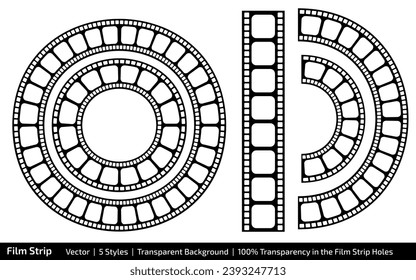 Vector de tira de película: 5 estilos con 100% de transparencia, cinta, círculos y arcos