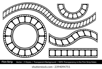 Vector de tira de película - 5 estilos con 100% de transparencia, cintas, círculo y arco