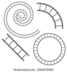 Film strip vector. Black and white. Spiral, curved, circular shapes. Movie reel designs.