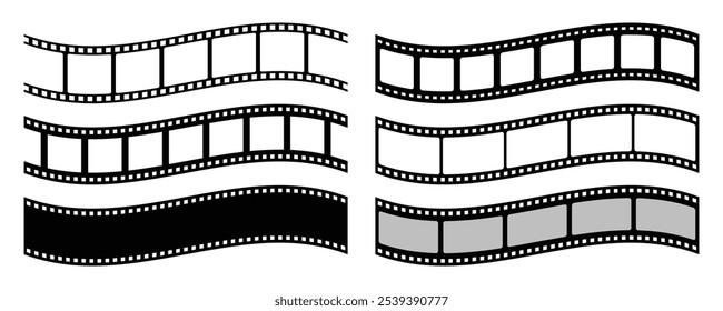 Film strip vector icons collection. Set of film strip vector icons isolated. Film tape strips for movie, cinema and reel. Filmstrip with frames, photo and videos for camera. Vector illustration.