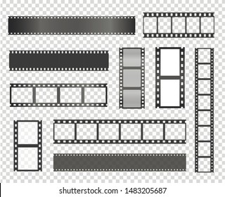 Film strip vector realistic illustrations set. Vintage movie and photo tape isolated cliparts pack on transparent background. Empty retro filmstrip design elements. Photography and cinematography