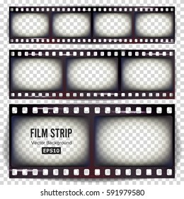 Film Strip Vector. Set Realistic Frame Old Vintage Film Strip Blank Scratched. Retro Cinema Real. Isolated On Transparent Background.