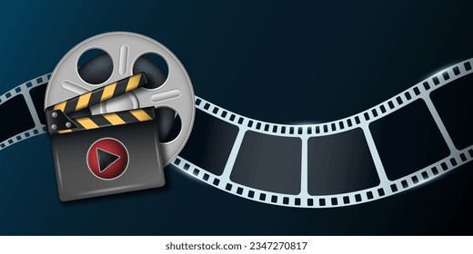 Film strip in waveform with film cinema roll. Cinema background with 3d equipment. Movie art template for cinema festival, ticket, advertising, brochure. Cinematography concept of film industry.