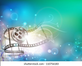 Film stripe or film reel on shiny colorful movie background. EPS 10