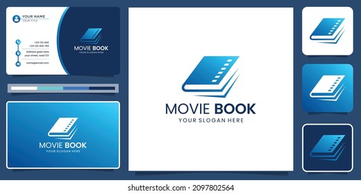 Film stripes with book for movie scenario logo design and business card template. Premium Vector