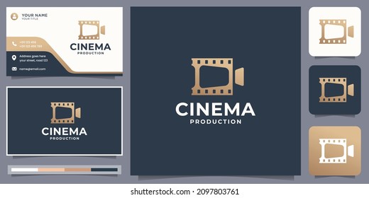 Film stripes with camera for movie scenario logo design and business card template. Premium Vector