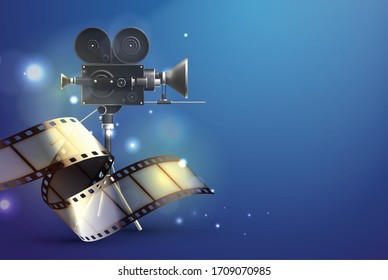 Film stripes realistic composition with abstract gradient background blurry lights and classic filming camera with reel vector illustration