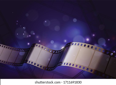 Film stripes reels realistic composition with curvy strip in front of neon lights background with glows vector illustration