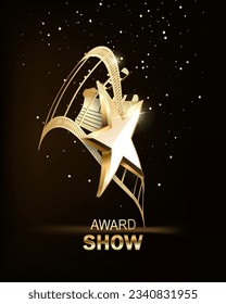 Film stripes reels realistic composition with light glows and golden figurine award with clapper and bobbin vector illustration