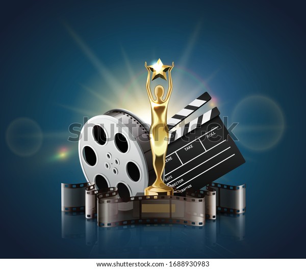 Film stripes reels realistic composition\
with light glows and golden figurine award with clapper and bobbin\
vector illustration