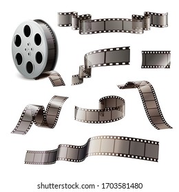 Film stripes reels realistic set of isolated images on blank background with reel curves and bobbin vector illustration