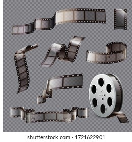 Film stripes reels realistic transparent set with isolated shapes of reel and bobbin on transparent background vector illustration