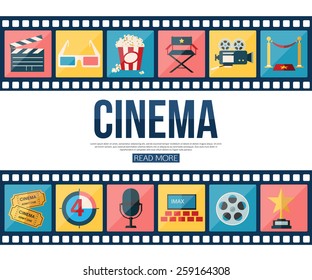 Film strips and cinema icons set for infographics, presentation templates, web and mobile apps. Flat style design. Vector illustration.