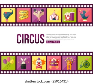 Film strips and circus entertainment  icons set for infographics, presentation templates, web and mobile apps. Flat style design. Vector illustration.