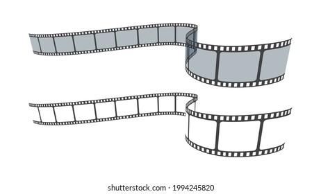 Film strips collection isolated on white background. Film strip in perspective. Retro 35mm foto and movie film roll vector set. Set of blank cinema film strip frames with different shape effect.