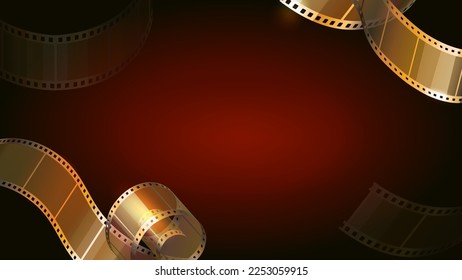 Film strips on festival banner. Cinema or movie award ceremony background. Golden film reel roll. Vector illustration. svg