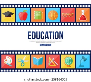 Film strips and set of flat school and education icons for infographics, presentation templates, web and mobile apps. Vector illustration.