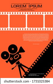 Film strips with silhouette of cinema projector on a tripod. Retro Cinema Background. Movie festival template with text for banner, flyer, poster. Movie time concept. Design of film industry. Vector