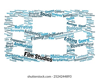 Film Studies Nube de palabras. Composición de palabras relacionadas con técnicas cinematográficas, Géneros y análisis. Fondo aislado.