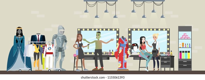 Film studio building interior. Actor in dressing room prepare for the movie scene, doing makeup and choosing clothes. Making film concept. Vector flat illustration