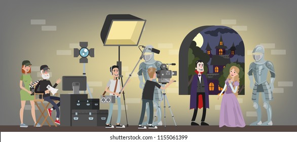 El interior de un estudio de cine. Disparando una fantástica película de terror usando cámara, luces, micrófonos y otros equipos. Haciendo concepto de película. Escena de princesa mordaz de vampiros. Ilustración plana del vector