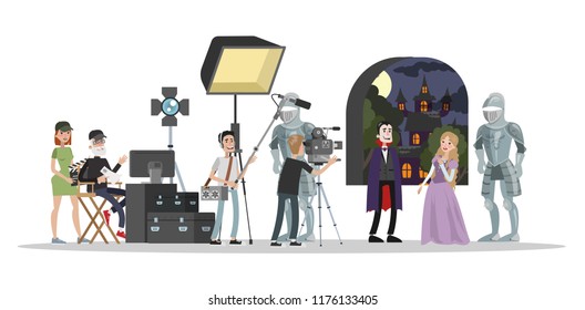 Film studio building interior. Shooting fantastic horror movie using camera, lights, microphones and other equipment. Making film concept. Vampire biting princess scene. Vector flat illustration