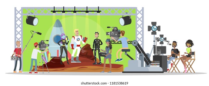 Film studio building interior. Shooting fantastic movie using camera, lights, microphones and other equipment. Making film concept. Scene with captain of the spaceship. Vector flat illustration