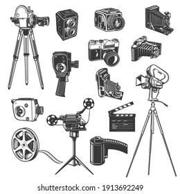 Film studio equipment, movie shooting retro vector icons, vintage photo and video camera, film reel and clapper, bobbin. Cinema, cinematography entertainment industry old camcorders on tripod set