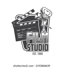 Film studio icon. Cinema and movie theater retro symbol, cinematography and filmmaking studio vector vintage emblem, monochrome icon with retro professional film camera, clapperboard