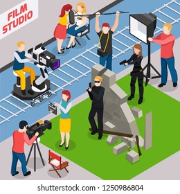 Film studio isometric composition with actors videographers sound engineer and illuminator during movie making vector illustration