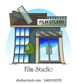 Film studio or movie creation company. Building for cinematography or construction for comedy, horror art. Structure landmark for entertainment. Outdoor facade of movie center. Producer and production