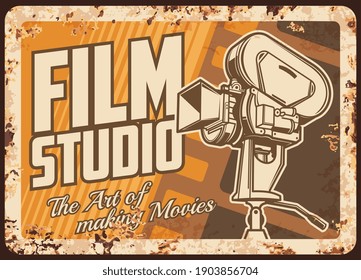 Film Studio Rusty Metal Plate, Cinema Or Movie Festival Vector Rust Tin Sign. Vintage Video Camera With Film Reels Retro Poster. Cinematography Entertainment Industry Ferruginous Card, Old Camcorder