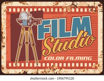 Film Studio Rusty Metal Plate, Cinema Or Movie Entertainment Vector Rust Tin Sign. Vintage Video Camera With Film Reels Retro Poster. Color Filming, Cinematography Industry Card With Old Camcorder