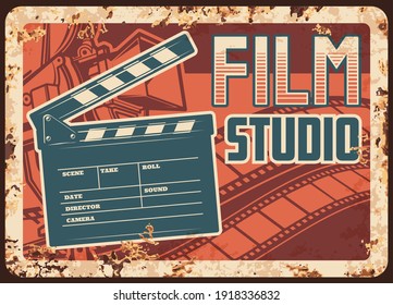 Film Studio Rusty Metal Plate With Vector Clapperboard, Camera And Filmstrip. Retro Poster Design For Movie Theater Premier, Cinematograph Industry Vintage Rust Tin Sign, Ferruginous Promotion Card