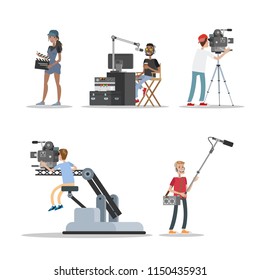 Film Studio Staff Set. People Shooting Historical And Fantastic Movies Using Camera, Lights, Microphones And Other Equipment. Making Film Concept. Vector Flat Illustration