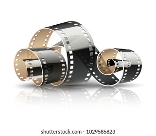 Film tape twisted reel for cinematography movies or photography. Cinema concept isolated on white (transparent) background. Vector illustration.