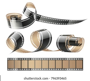 Film tape twisted reels for cinema movies or photography, isolated on white (transparent) background. Vector illustration.