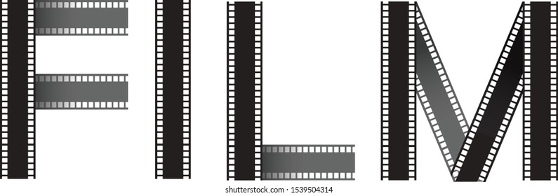 FILM text with film strip font style on white background, Movie time concept,vintage style,Old  movie projector,for advertising ,TV commercial, movie time, ads, web design, video editor, game,blogger,