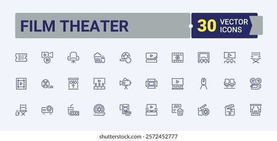 Film Theater icon pack. Includes icons for hd, d, movie, popcorn, play, cinema, camera, tv. Thin outline icons pack. Editable stroke. Vector illustration.