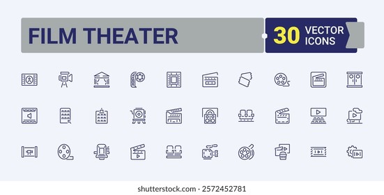 Film Theater icon pack. Includes icons for hd, d, movie, popcorn, play, cinema, camera, tv. Thin outline icons pack. Editable stroke. Vector illustration.