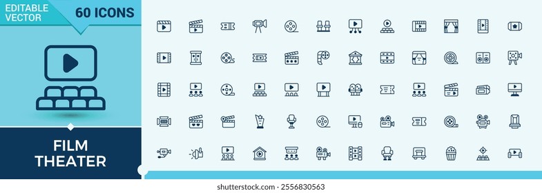 Film Theater line icons set. Includes icons for film, multimedia, reel, theater, screen, video, filmmaker and more. Set of line pictogram. Outline and solid pictogram.