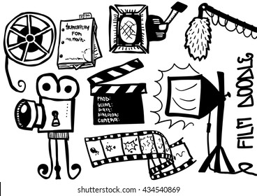 Film themed doodle set. On this isolated doodle sheet you can see movie lights, crane microphone, camera, film spool, film flap, screenplay and film. 
