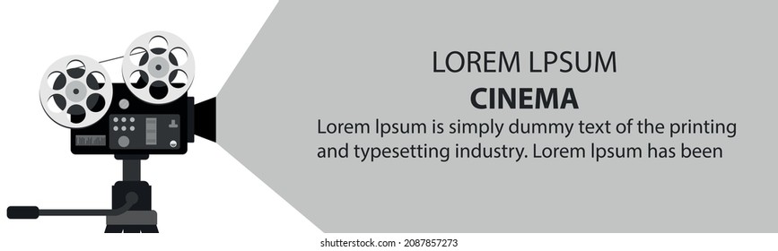 Film time concept with movie projector and text area. Movie poster, booklet or banner template with detailed retro projector with film strip. Vector