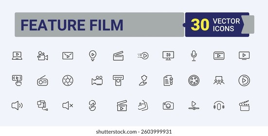 Film vector icon set. It contains symbols to cinema, multimedia, movie, video, theater and more. Thin outline icons pack. Television modern icon. Pixel perfect. Editable vector.