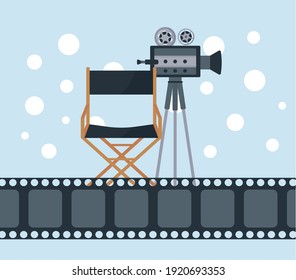 film video camera with director chair and record tape vector illustration design