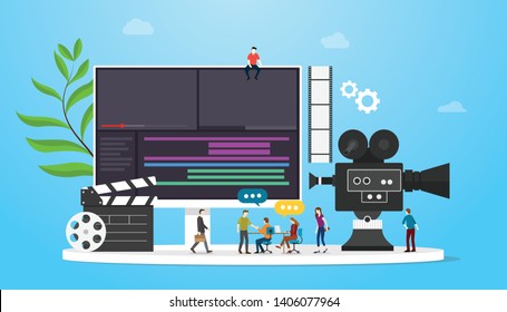 film video production concept with team people and camera editing with team people with flat modern style - vector