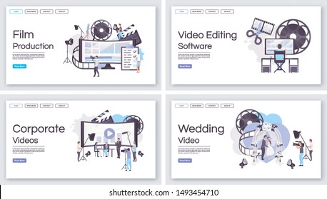 Film and video production landing page vector templates set. Event shooting website interface idea with flat illustrations. Filmmaking, videography homepage layout. Web banner, webpage cartoon concept