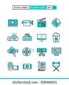 Film, video, shooting, editing and more. Plain and line icons set, flat design, vector illustration