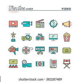 Film, video, shooting, editing and more, thin line color icons set, vector illustration